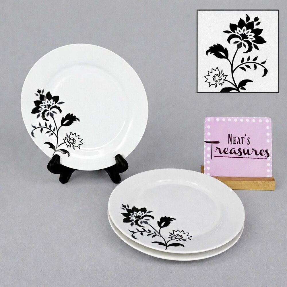 Tabletops Gallery REBECCA Black Floral On White Porcelain Salad Plates Set of 3